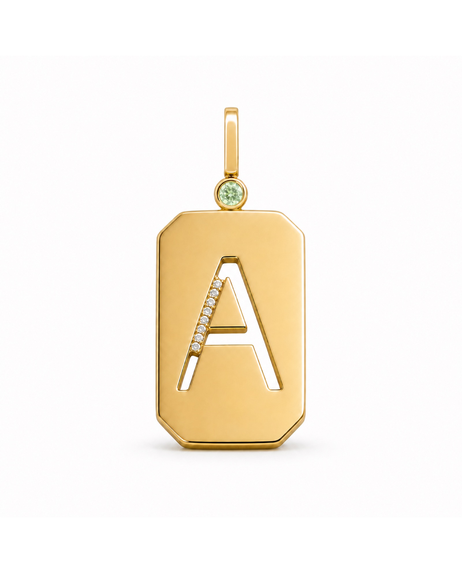 Initialen-Anhänger A in Gelbgold mit grünem Fancy-Vivid-Akzentstein